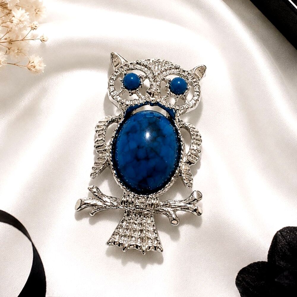 Vintage Gerry's Silver Tone Faux Turquoise Owl Brooch Pendant